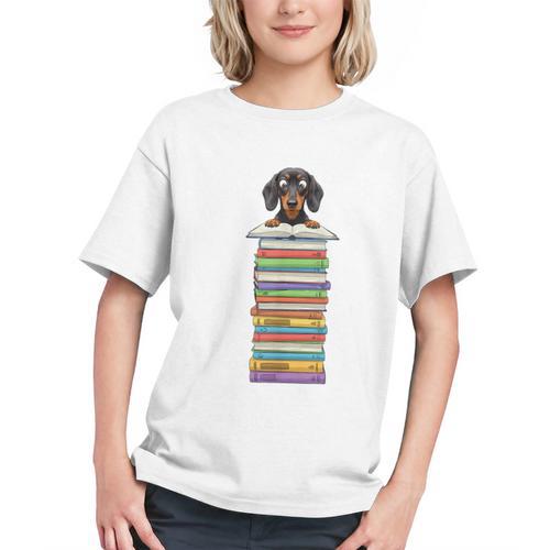 Cute Wiener Dog Dachshund Reading On Pile Of Books Graphic Youth - Bookorys UK