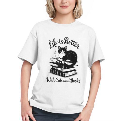 Life Is Better With Cats & Books Tuxedo Cat Mom Women Graphic Youth - Bookorys CA