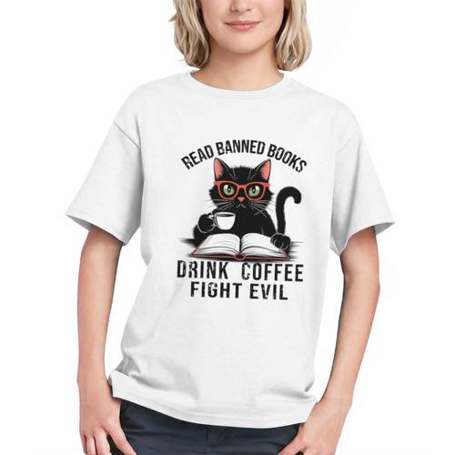 Read Banned Books Drink Coffee Fight Evil Retro Cat Graphic Youth - Bookorys