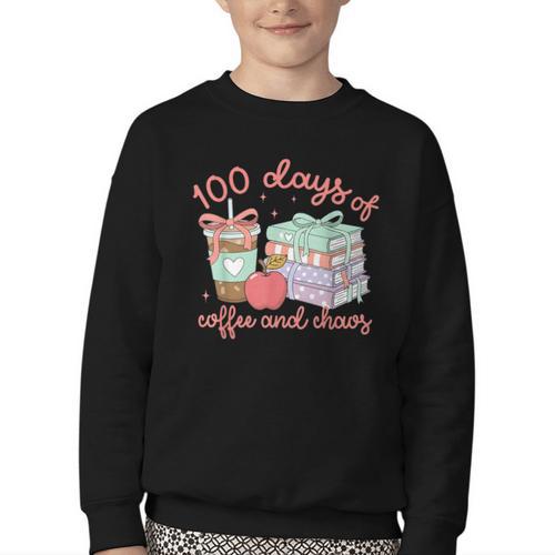 100 Days Of Coffee And Chaos Coquette Bow Book Apple Youth Crewneck Sweatshirt - Bookorys