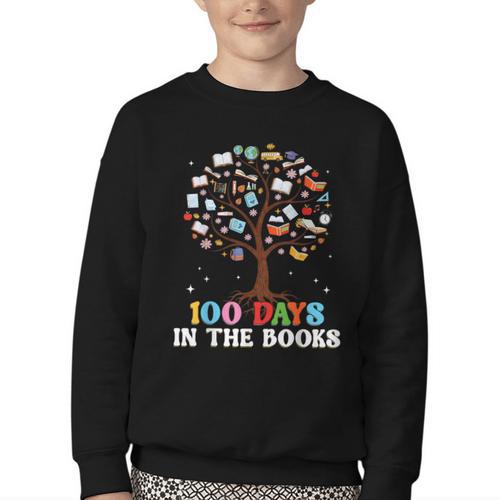 100 Days Of School 100th Day In The Books Reading Teacher Youth Crewneck Sweatshirt - Bookorys