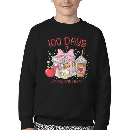 100th Day Of School Teachers 100 Days Of Coffee Chaos Books Youth Crewneck Sweatshirt - Bookorys DE