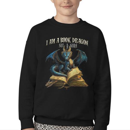 3 Bookish Quote I Am a Book Dragon Not a Worm Reading Book Youth Crewneck Sweatshirt - Bookorys