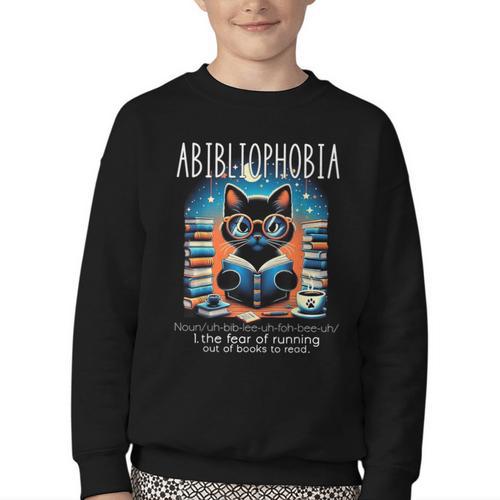 Abibliophobia Cat Reading Bookworm Reader Nerd For Men Women Girls Kids Youth Crewneck Sweatshirt - Bookorys AU