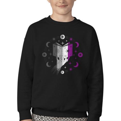 Ace Pride Book With Stars Moons And Magic Hand Youth Crewneck Sweatshirt - Bookorys DE