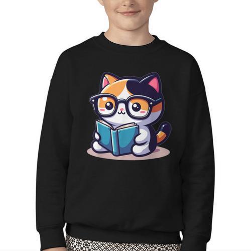 Adorable Book Lover Calico Cat With Reading Glasses Cute For Men Women Kids Youth Crewneck Sweatshirt - Bookorys UK