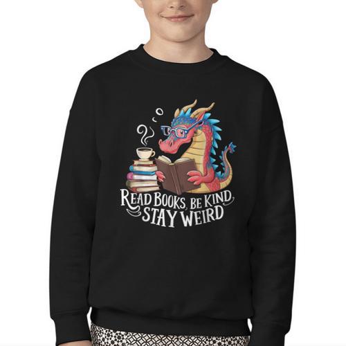 Adorable Book Lover Dragon Read Books Be Kind Stay Weird Youth Crewneck Sweatshirt - Bookorys UK