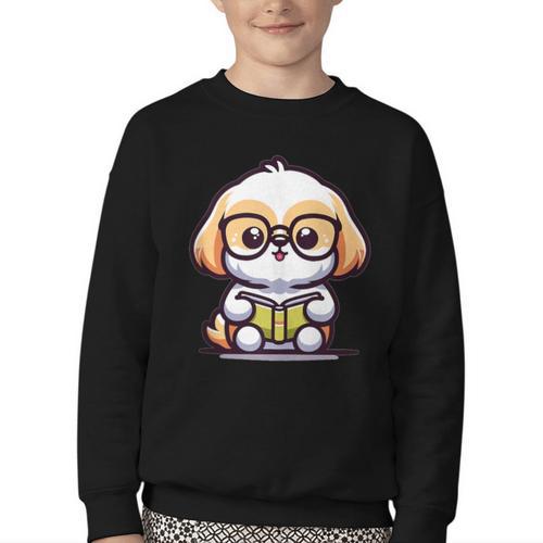 Adorable Book Lover Shih Tzu With Reading Glasses Cute Youth Crewneck Sweatshirt - Bookorys