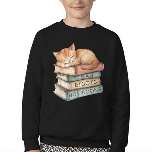 Ban Bigots Not Books Kitten Sleeping Vintage Cat Watercolor Men Women Youth Crewneck Sweatshirt - Bookorys DE