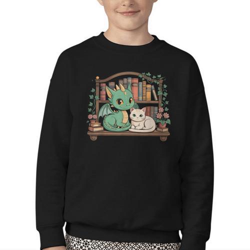 Boho Librarian Booklover Cottagecore Fantasy Book Dragon Cat Youth Crewneck Sweatshirt - Bookorys
