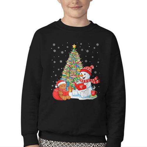 Book Christmas Tree Bookworm Gingerbread Man Snowman Reading Youth Crewneck Sweatshirt - Bookorys DE