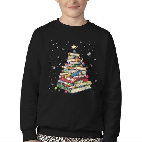 Book Christmas Tree Teacher Book Lover Crew Neck Modern Classic Christmas Small Short Sleeve -Adults -Kids Youth Crewneck Sweatshirt - Bookorys
