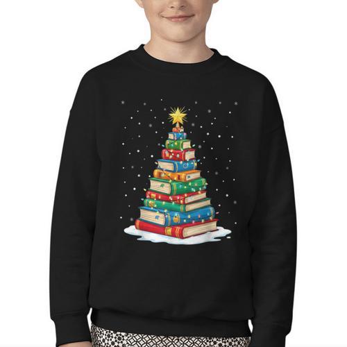 Book Christmas Tree Xmas Lights Book Lover Teacher Librarian Youth Crewneck Sweatshirt - Bookorys DE