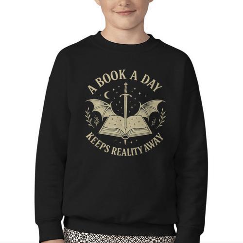 A Book A Day Keeps Reality Away Reading Escape Quote Youth Crewneck Sweatshirt - Bookorys