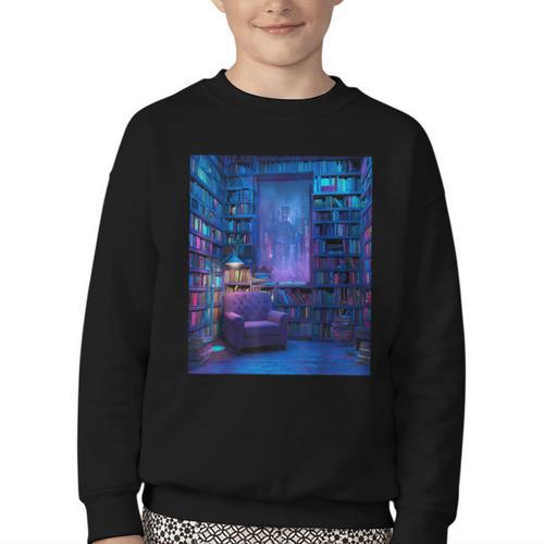 Book Library Bookshelf Armchair Window Pattern Print Youth Crewneck Sweatshirt - Bookorys DE