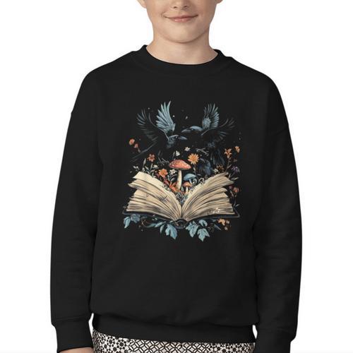 Book Lover Crow Cottagecore Flowers Book Youth Crewneck Sweatshirt - Bookorys CA