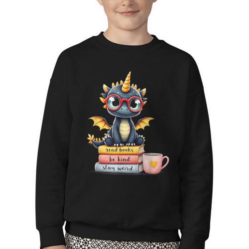 Book Lover Cute Baby Dragon Reading Youth Crewneck Sweatshirt - Bookorys