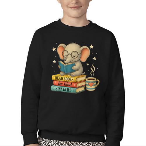 Book Lover Elephant Reading Books Library Read Books Be Kind Youth Crewneck Sweatshirt - Bookorys