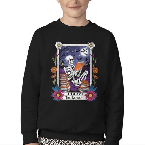 Book Lover Tarot Card The Reader Mystic Skeleton Youth Crewneck Sweatshirt - Bookorys CA