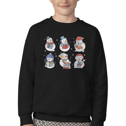 Book Lover Teacher Snowman Reading Books Christmas Winter Youth Crewneck Sweatshirt - Bookorys