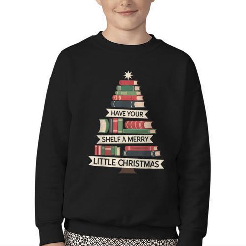 Book Merry Little Christmas Tree Holiday Youth Crewneck Sweatshirt - Bookorys