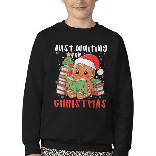 Book Reading Just Waiting For Christmas Gingerbread Youth Crewneck Sweatshirt - Bookorys AU