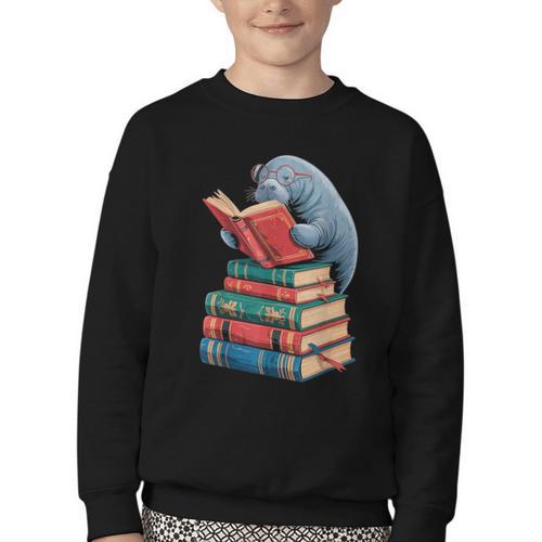 Book Reading Book Reader Manatees Sea Animal Sea Cow Manatee Youth Crewneck Sweatshirt - Bookorys