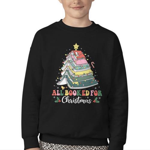 All Booked For Christmas Book Tree Lights Christmas Library Youth Crewneck Sweatshirt - Bookorys