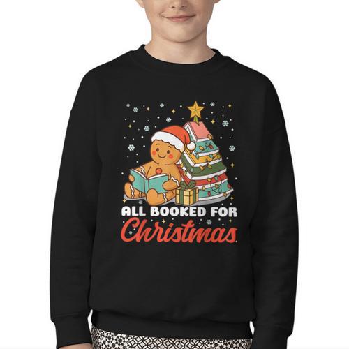 All Booked For Christmas Gingerbread Christmas Tree Book Kid Youth Crewneck Sweatshirt - Bookorys UK