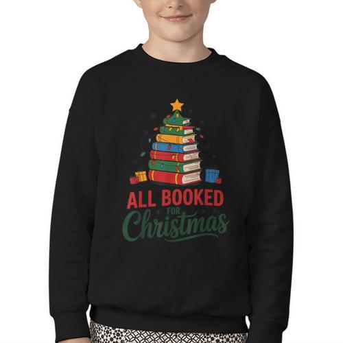 All Booked For Christmas Librarian Reader Xmas Pajama Youth Crewneck Sweatshirt - Bookorys CA