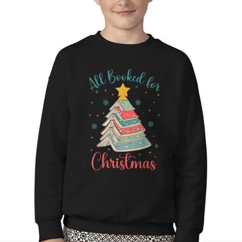 All Booked For Christmas Tree Book Bookish Christmas Youth Crewneck Sweatshirt - Bookorys DE