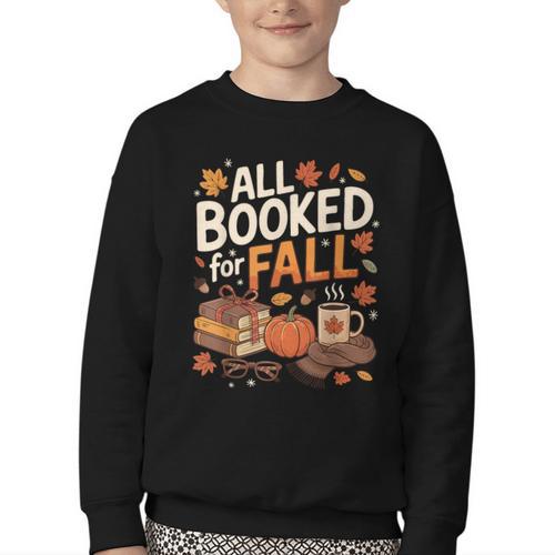 All Booked For Fall Pumpkin Books Thanksgiving Autumn Leaves Youth Crewneck Sweatshirt - Bookorys DE