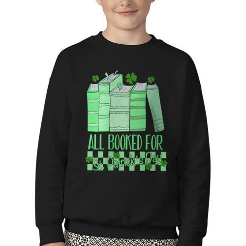 All Booked For St Patrick's Day Book Lover Lucky Shamrock Youth Crewneck Sweatshirt - Bookorys DE