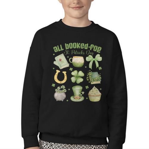 ALL Booked For St Patricks Day Bookish Leprechaun Bookworm Youth Crewneck Sweatshirt - Bookorys DE