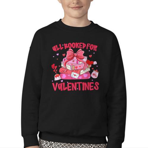 All Booked For Valentines Coquette Bow Book Valentine Day Youth Crewneck Sweatshirt - Bookorys DE