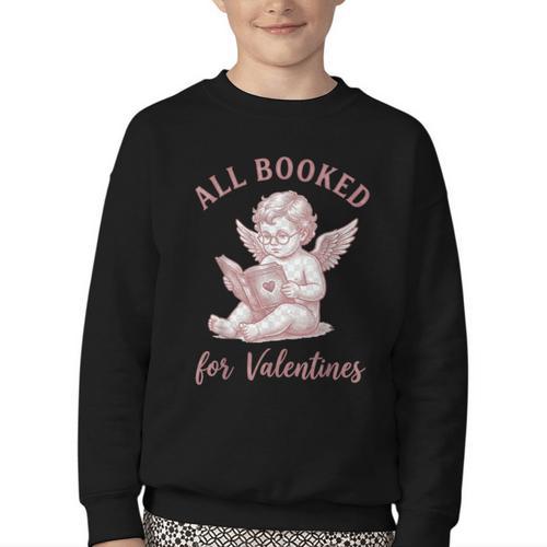 All Booked For Valentines Cute Cherub Vintage Book Lover Youth Crewneck Sweatshirt - Bookorys DE