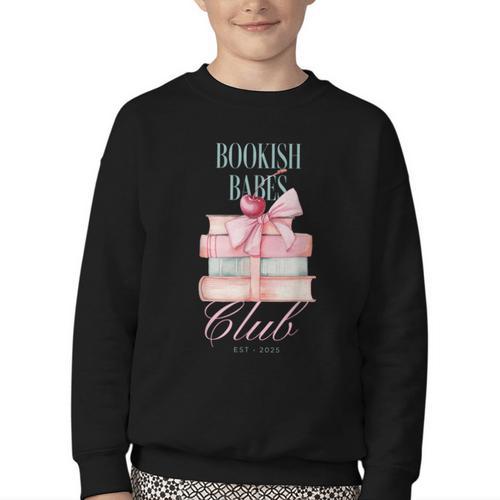 Bookish Babes Club Cute Pink Book Stack With Bow Youth Crewneck Sweatshirt - Bookorys CA
