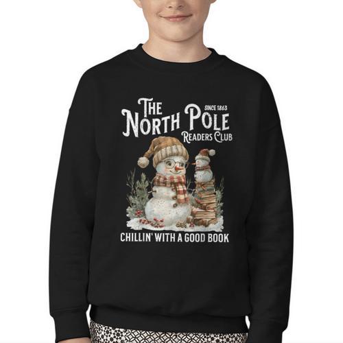 Bookish Christmas North Pole Book Club Snowman Book Worm Youth Crewneck Sweatshirt - Bookorys DE