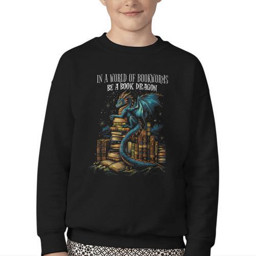 Bookish Quote In a World Of Bookworms Be a Book Dragon Youth Crewneck Sweatshirt - Bookorys