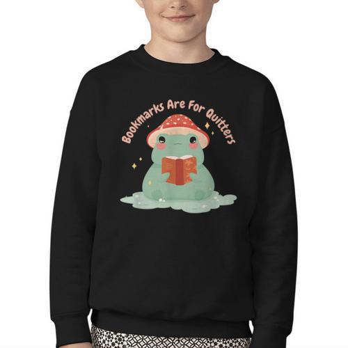 Bookmarks Are For Quitters Frog Reading Book Graphic Youth Crewneck Sweatshirt - Bookorys AU