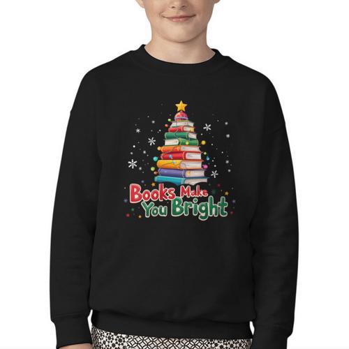 Books Make You Bright Christmas Librarian Book Lover Youth Crewneck Sweatshirt - Bookorys DE