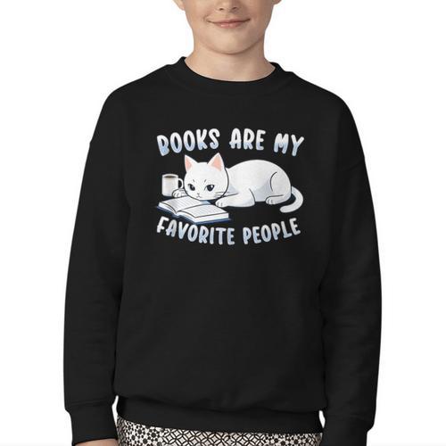 Books Are My Favorite People Cat With Coffee Mug Book Lovers Youth Crewneck Sweatshirt - Bookorys