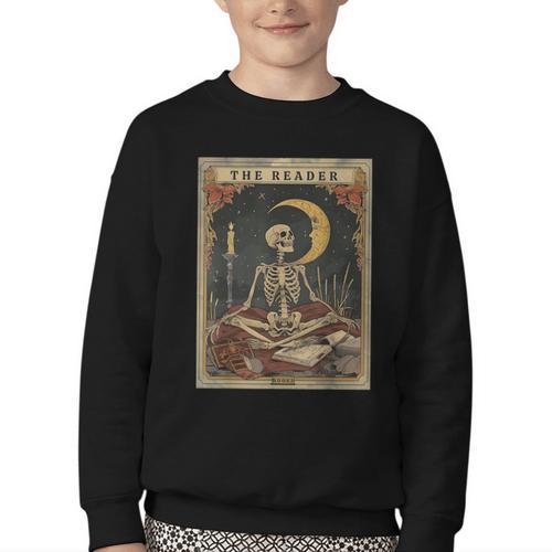 Books Lover Book Novels Reading Halloween Costumes Cottagecore Skeleton Aesthetic Tarot Card The Reader Graphic Youth Crewneck Sweatshirt - Bookorys CA