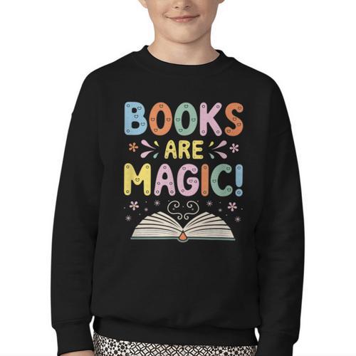 Books Are Magic Whimsical Retro Bookworm Youth Crewneck Sweatshirt - Bookorys DE