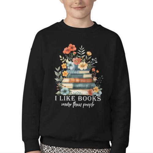 I Like Books More Than People Reading Reader Bookworm Saying Youth Crewneck Sweatshirt - Bookorys
