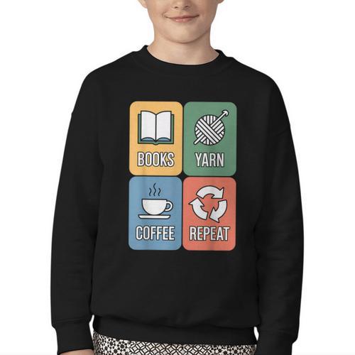 Books Yarn Coffee Repeat Crocheting Youth Crewneck Sweatshirt - Bookorys DE