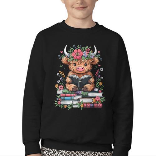 Bookworm Cute Baby Highland Cow Reading Book Youth Crewneck Sweatshirt - Bookorys