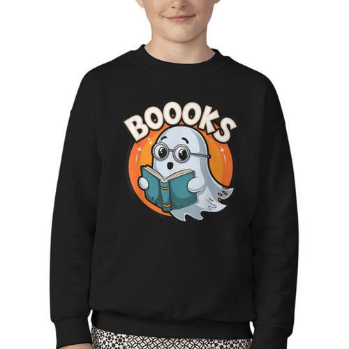 BOOOKS Cute Ghost Reading Books Halloween Youth Crewneck Sweatshirt - Bookorys AU