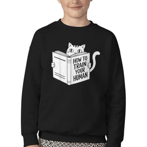 Cat Book Humor How To Train Your Human Youth Crewneck Sweatshirt - Bookorys