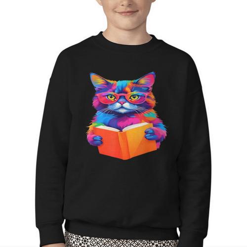 Cat Book Shirt Colorful Cat Reading Book Youth Crewneck Sweatshirt - Bookorys AU